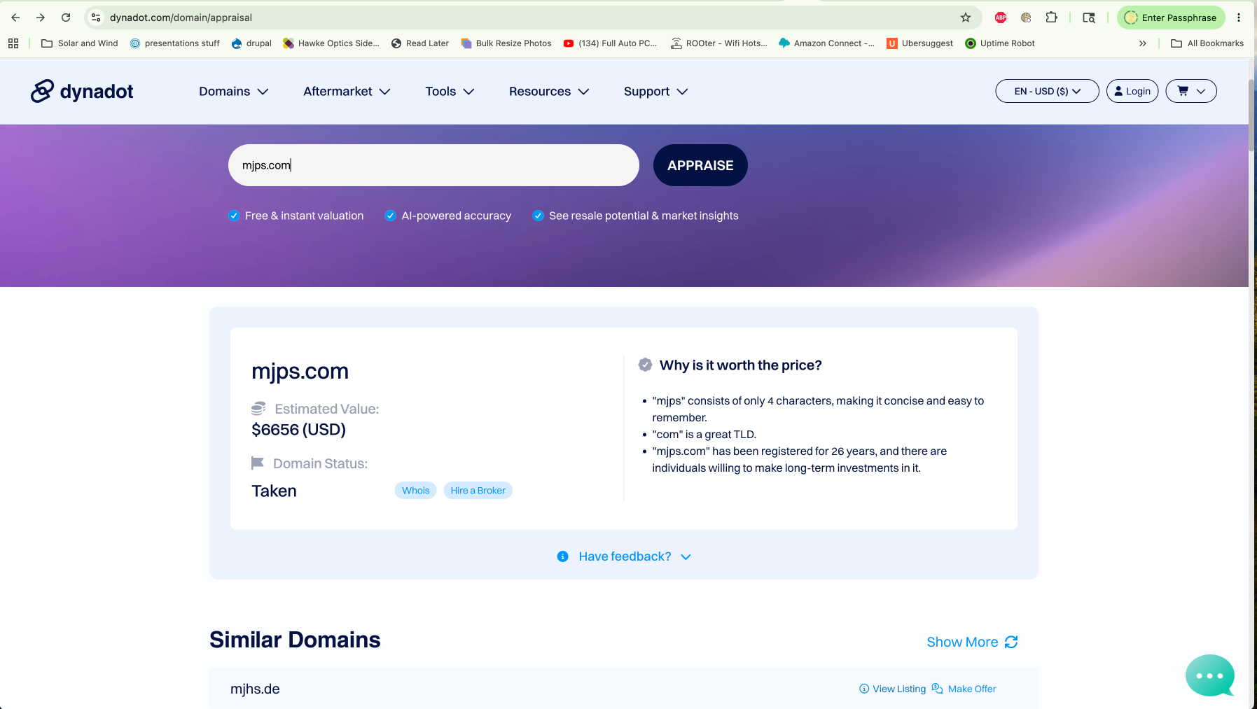 Dynadot AI appraisal showing MJPS.com valued at $6,656